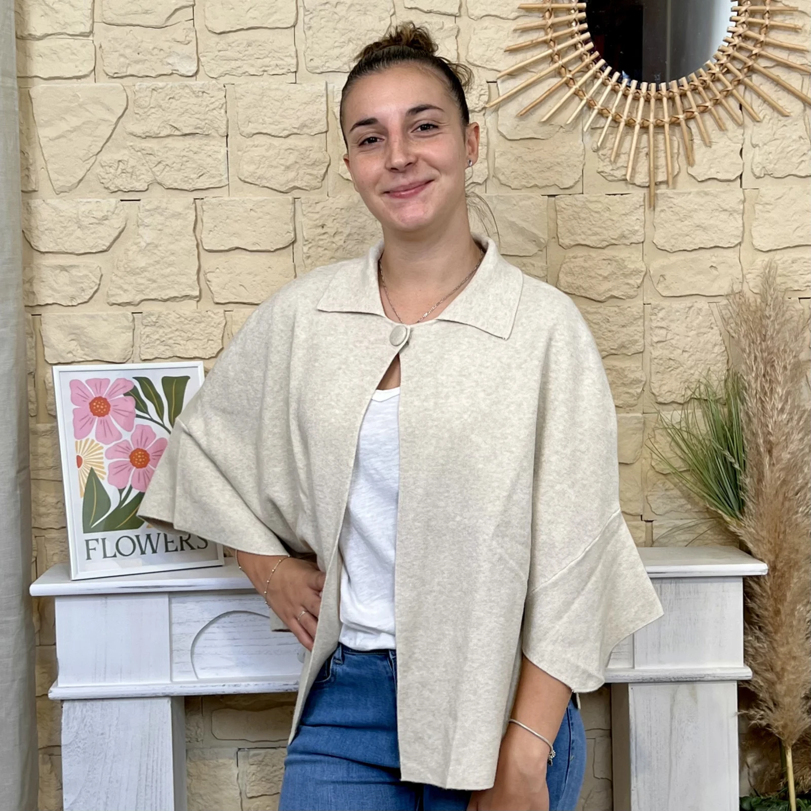 Gilet cape col chemise (TU) - beige - taille-unique