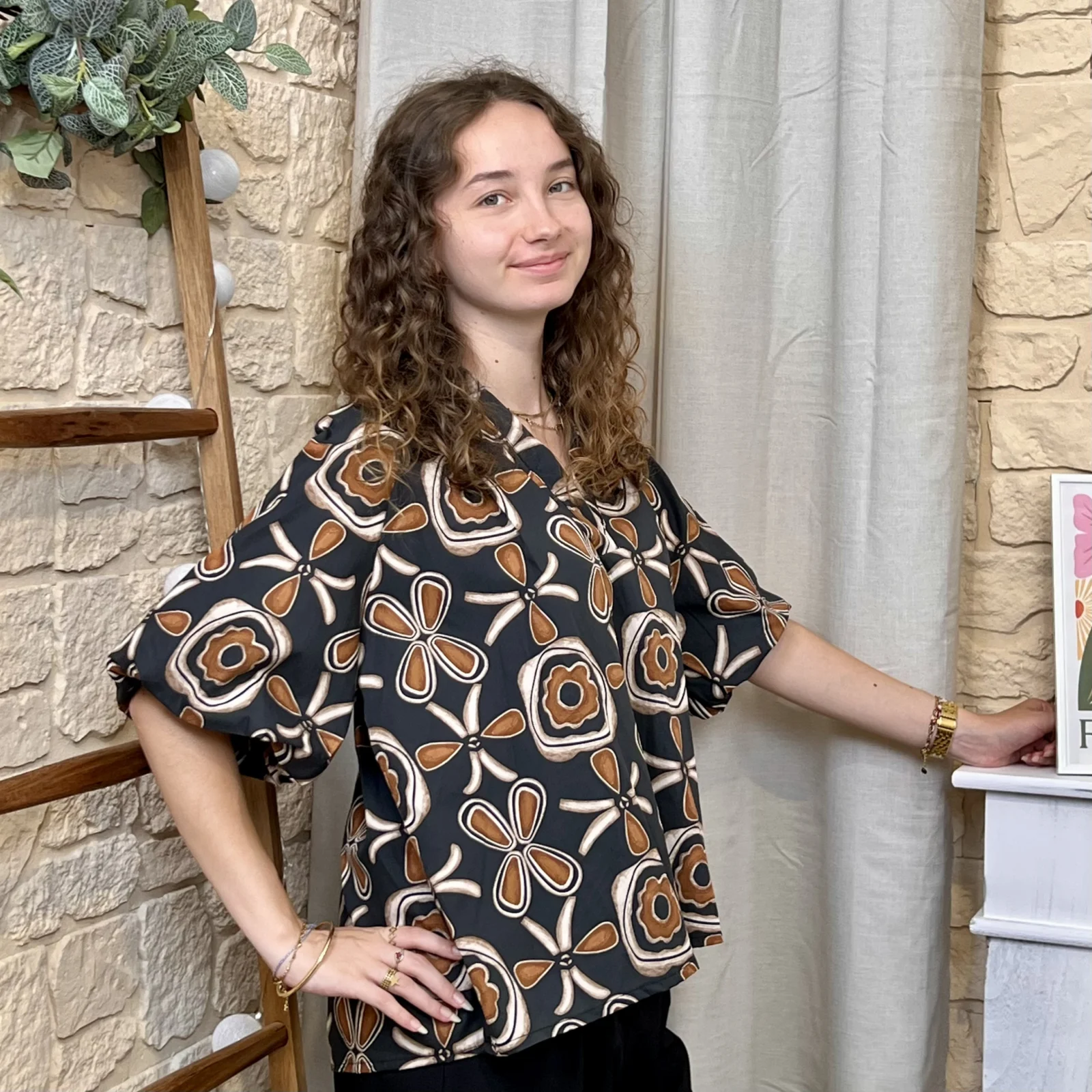 Blouse imprimée manches ballon (TU) - noir - taille-unique