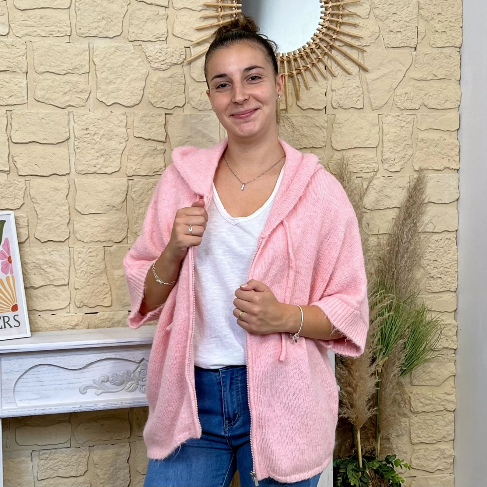 Gilet loose zippé à capuche - rose-bebe - taille-unique