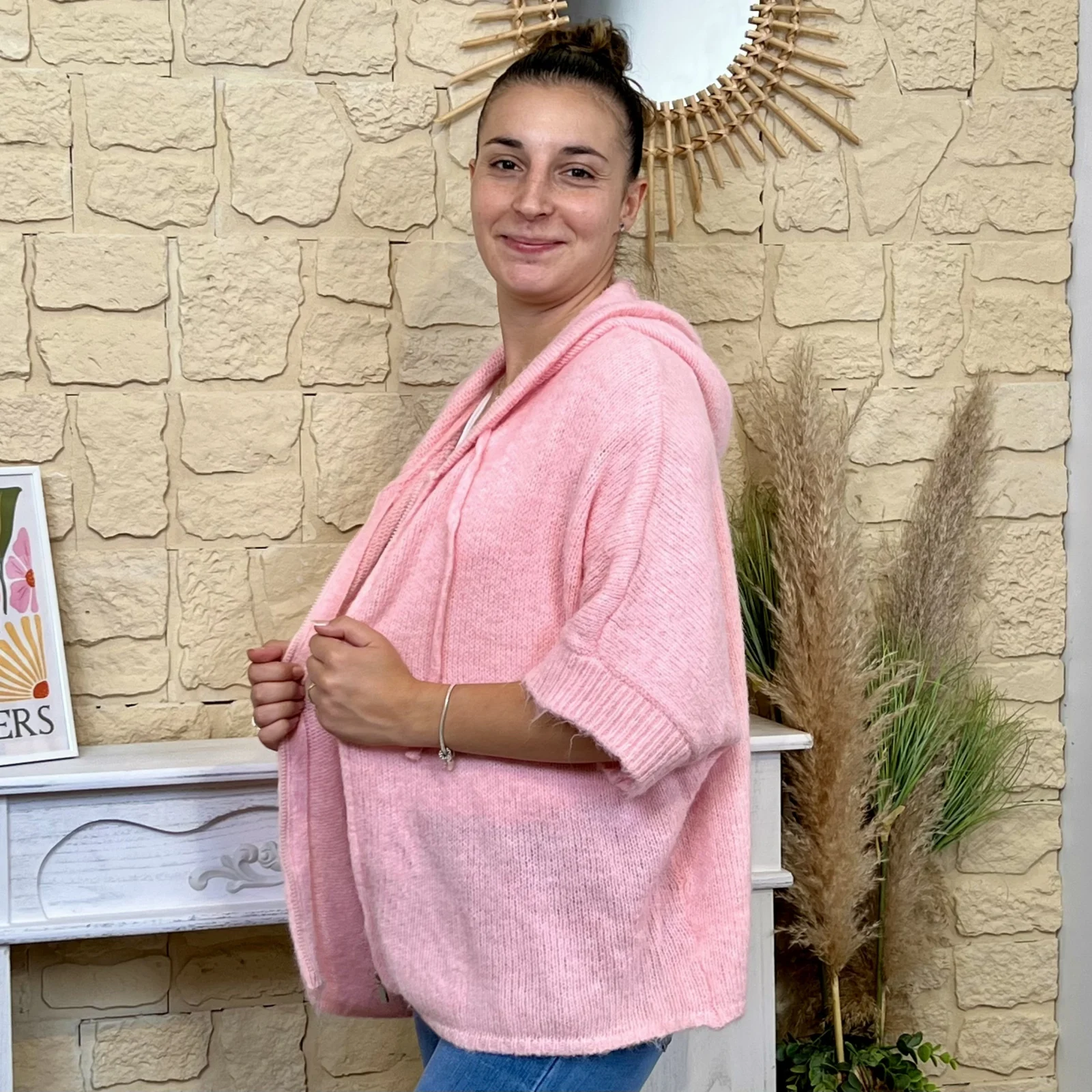 Gilet loose zippé à capuche - rose-bebe - taille-unique
