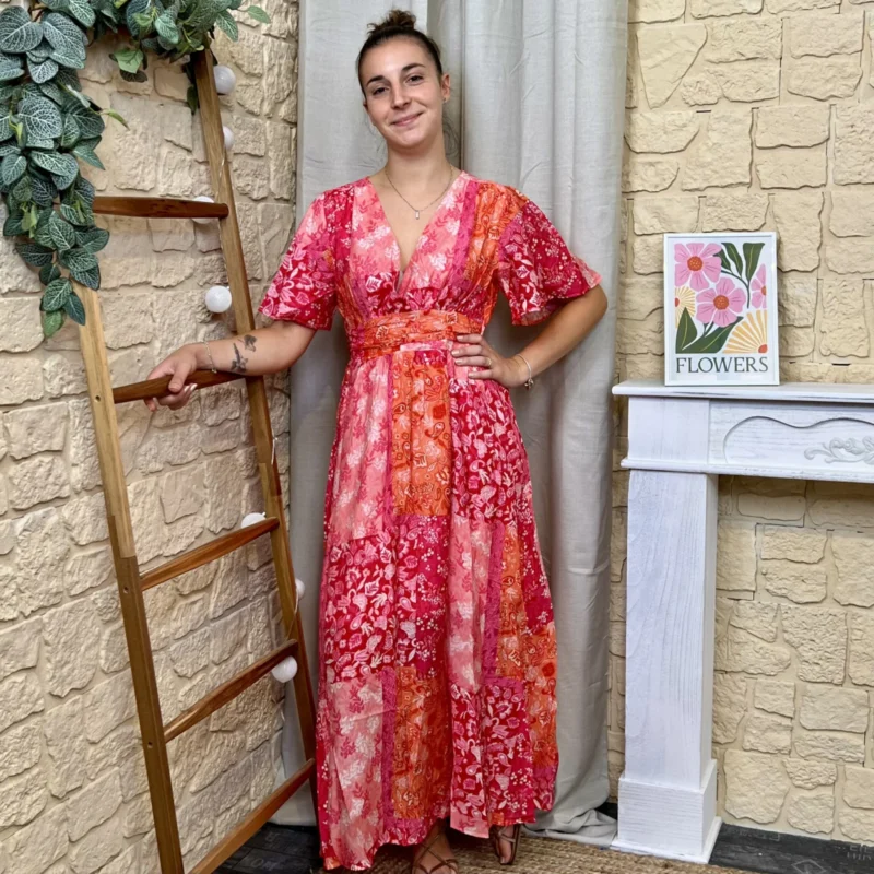Robe longue fluide patchwork (T36-T40) - fuchsia - 40