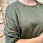 Sweat femme fluide à clous dorés « Tendance » - kaki - taille-unique