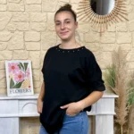 Sweat femme fluide à clous dorés « Tendance » - noir - taille-unique
