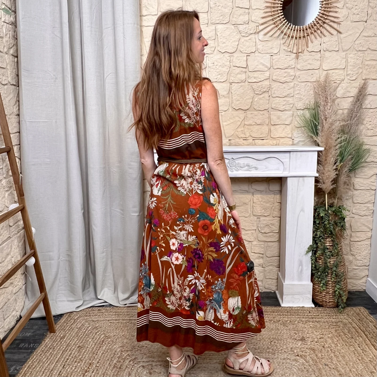 Robe fleurie ceinture tressée (TU) - rouille - taille-unique