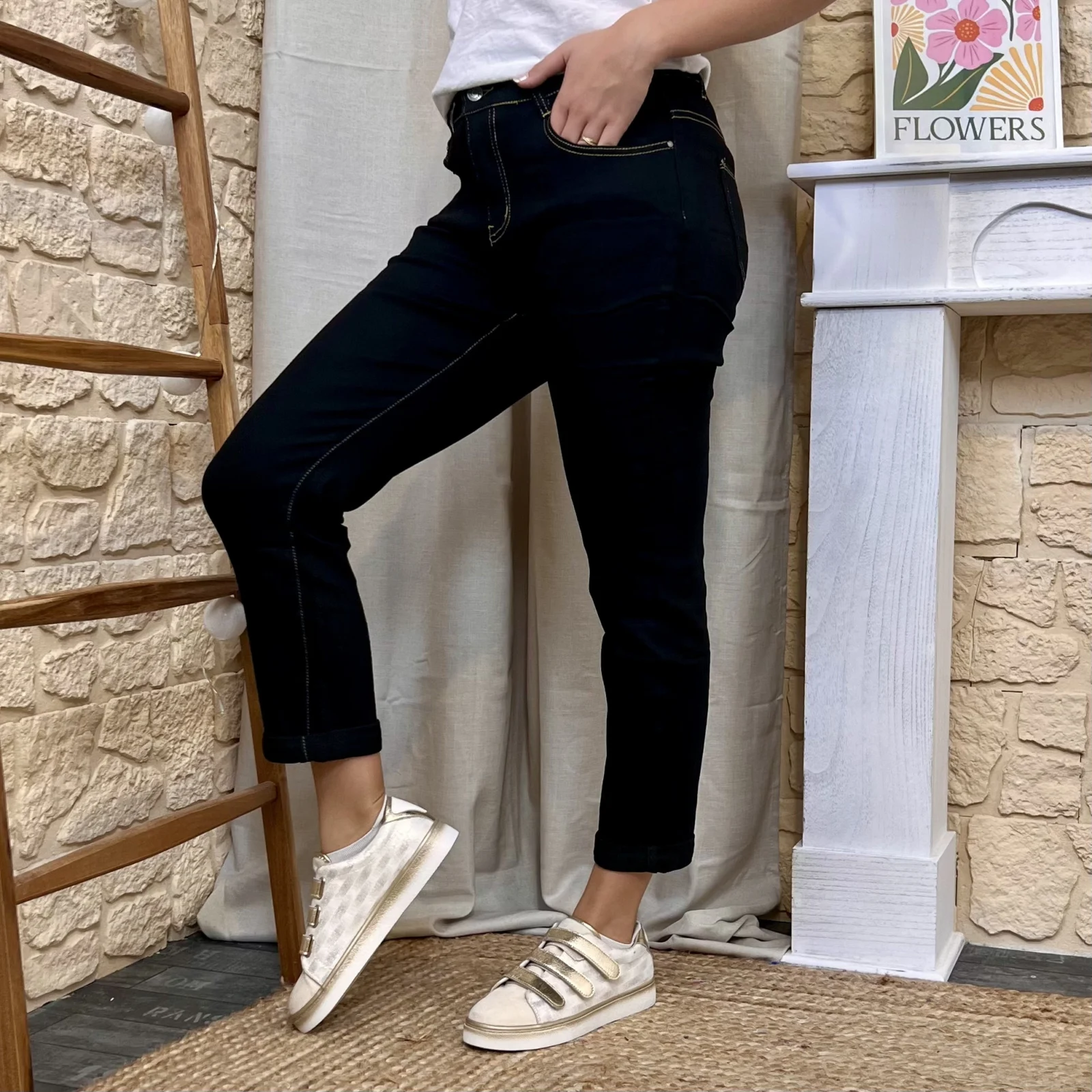Jean VOGGO 7/8ème revers noir fil beige - noir-beige - 44