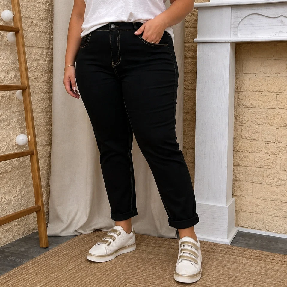 Jean VOGGO 7/8ème noir fils beige - noir-beige - 50