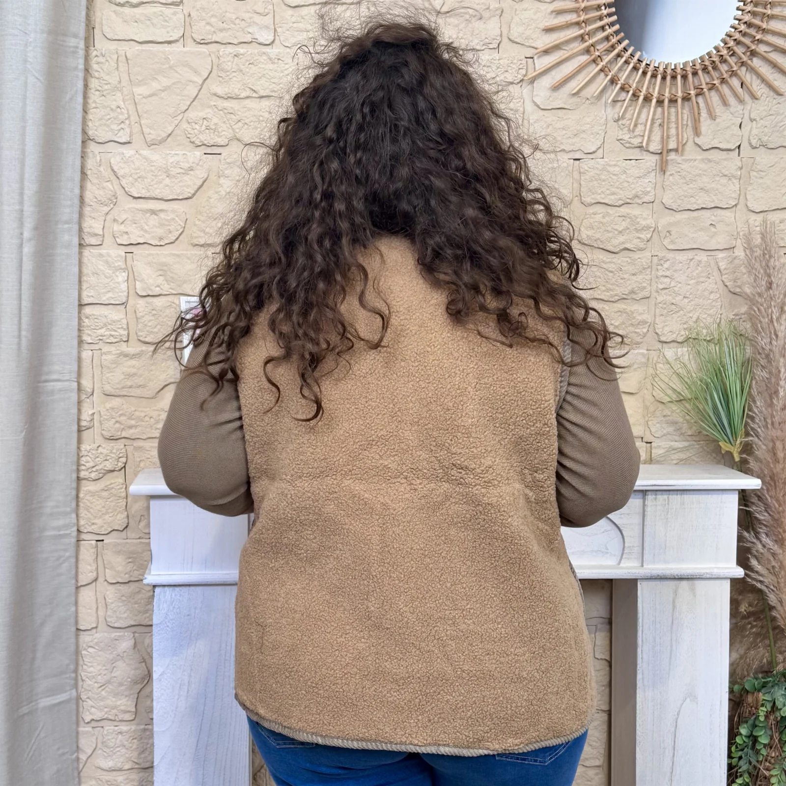 Gilet bouclette sans manches uni (T44-T52) - beige - 52