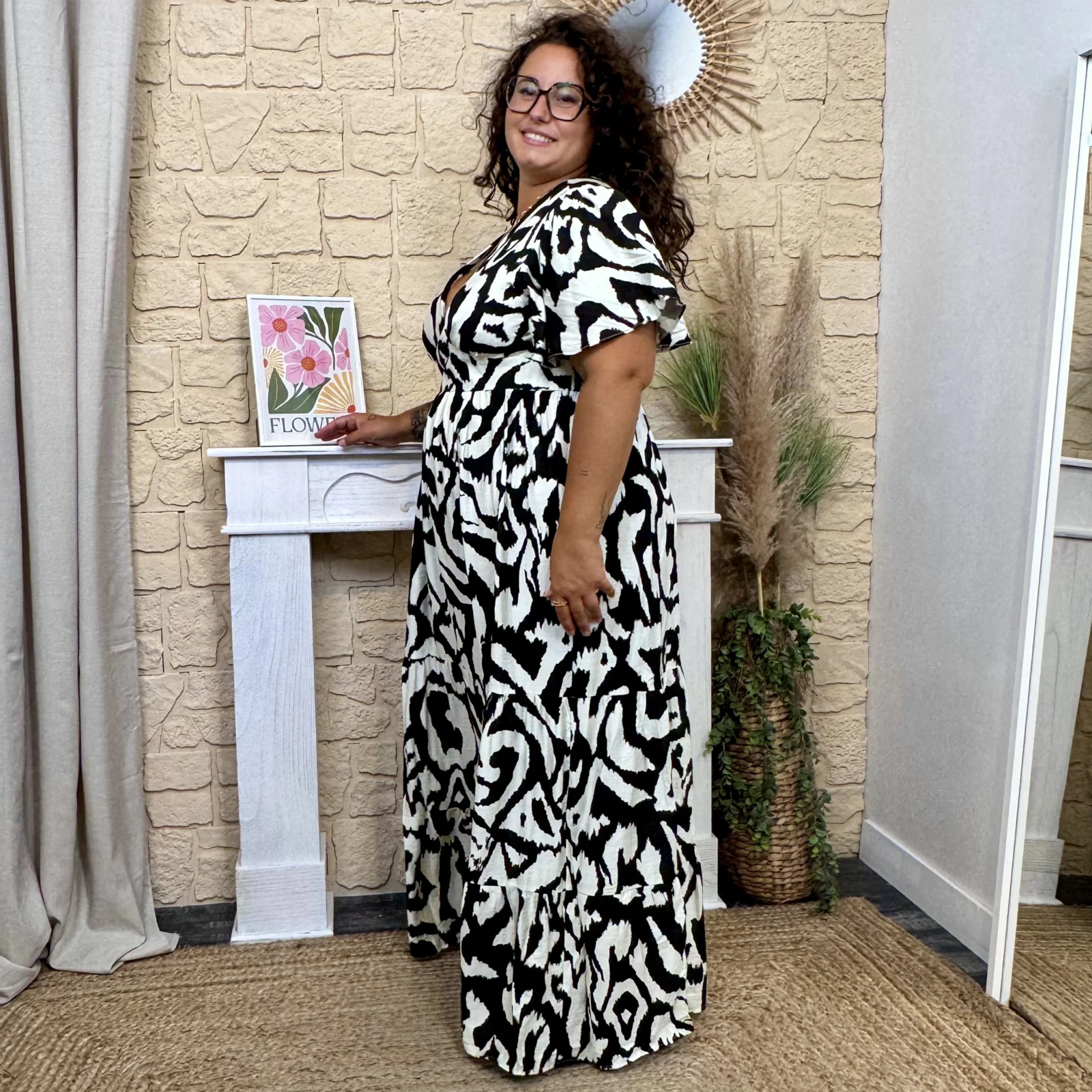 Robe longue imprimé graphique (T40-T48) - noir - 48
