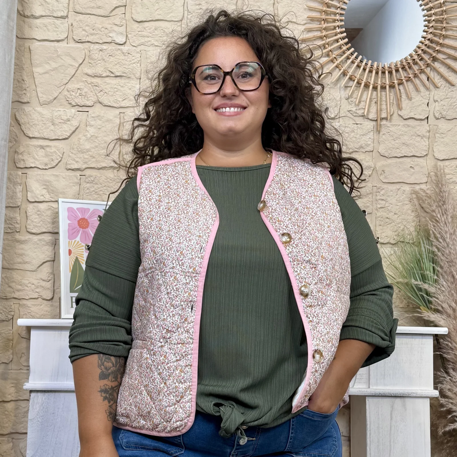 Gilet matelassé fleuri rose (T42-T46)