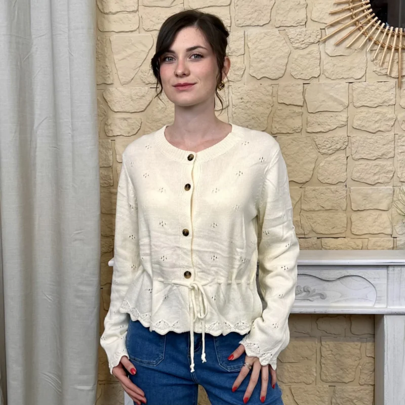 Gilet maille lien à nouer - Version Féminin - beige - taille-unique