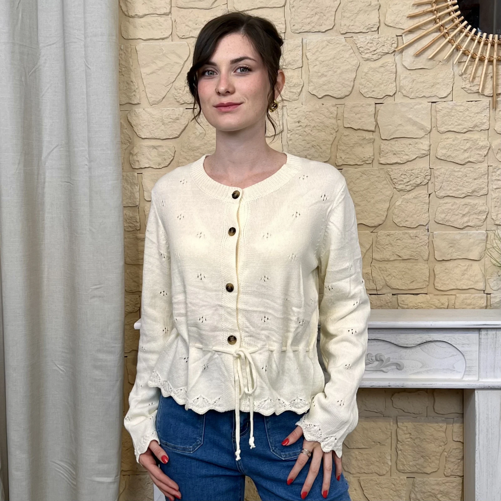 Gilet maille lien à nouer - Version Féminin - beige - taille-unique