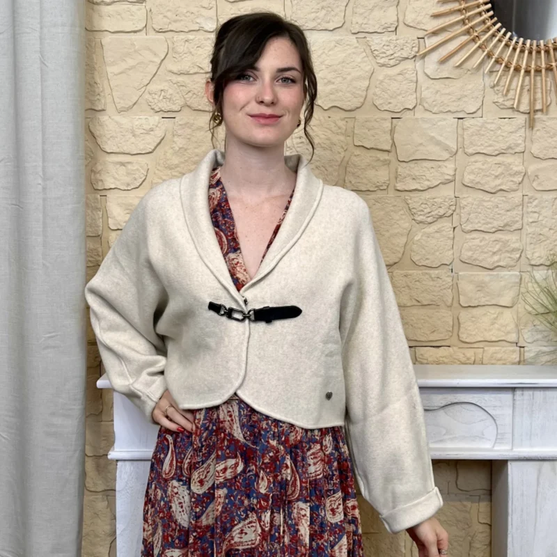 Gilet court femme col châle - beige - taille-unique