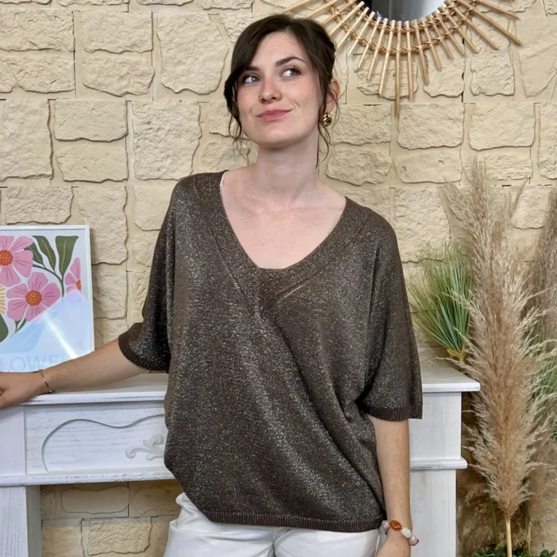 Pull lurex col V femme - marron - taille-unique