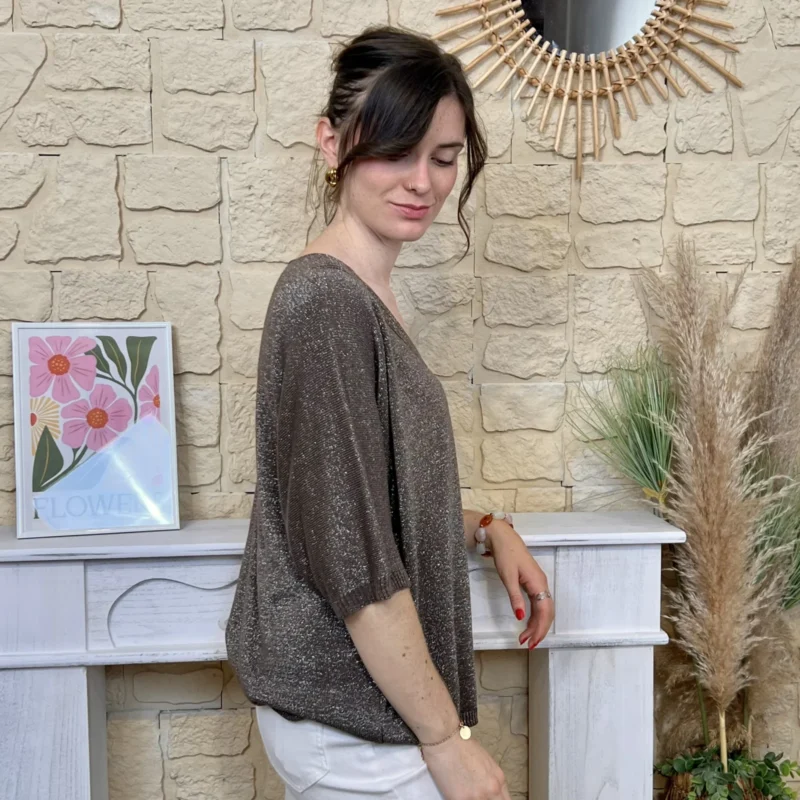 Pull lurex col V femme - marron - taille-unique