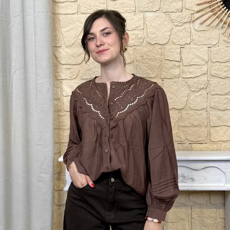 Chemise fluide brodée femme BY ONE T36-T38 - marron - 38