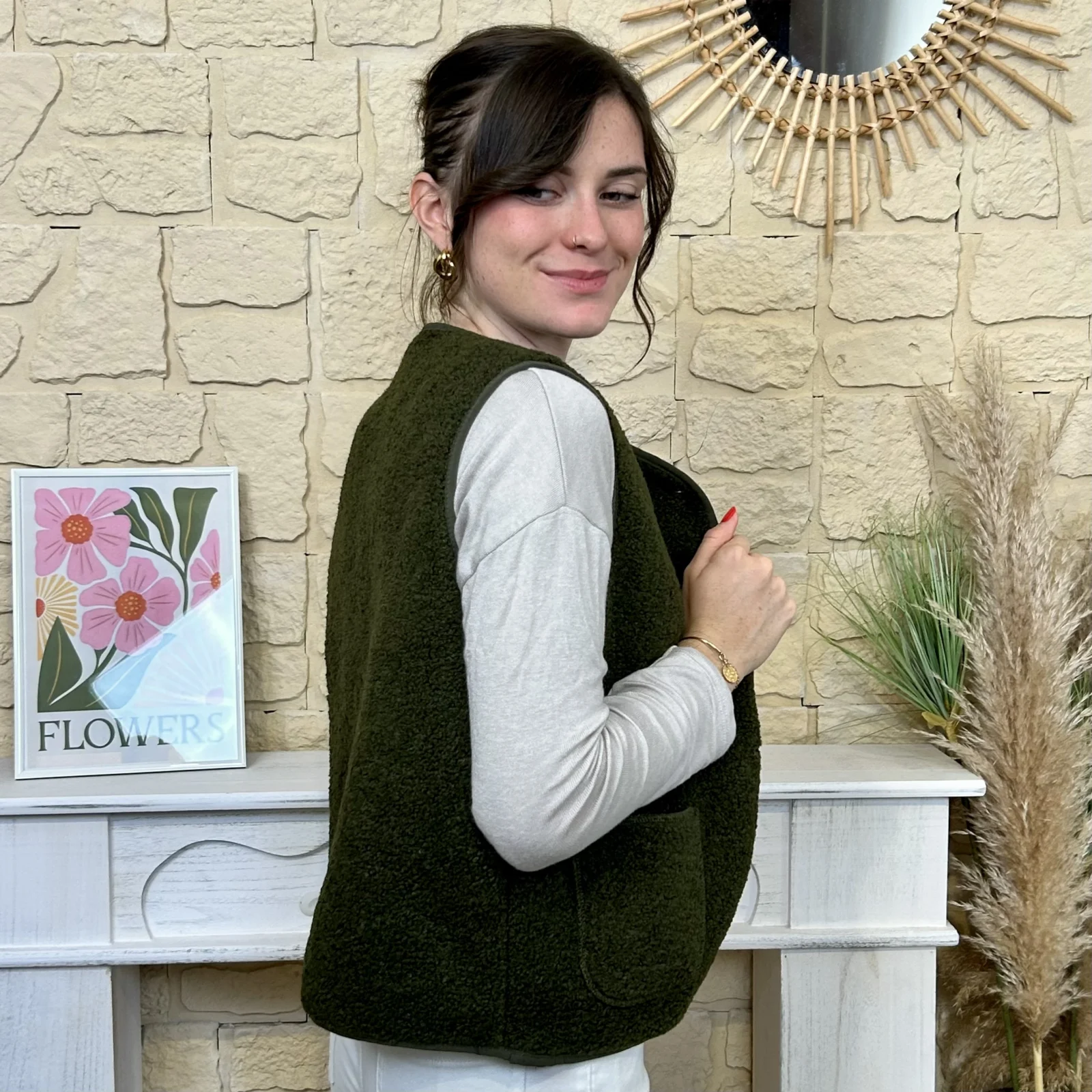 Gilet sans manches effet mouton BY ONE T36-T40 - kaki - 38