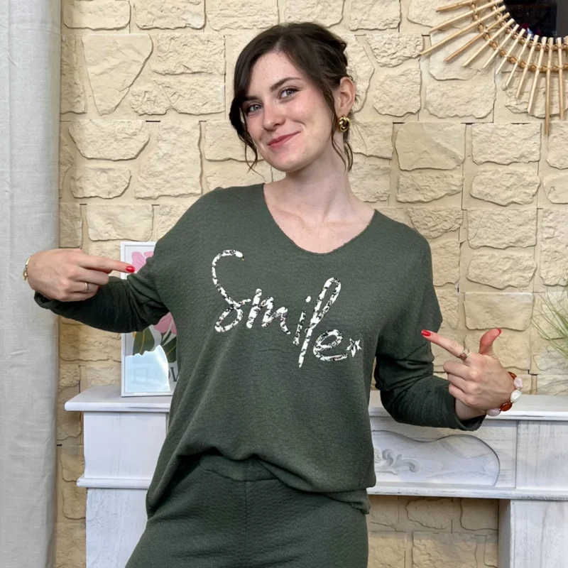 Pull oversize Smile femme « Tendance » - kaki - taille-unique