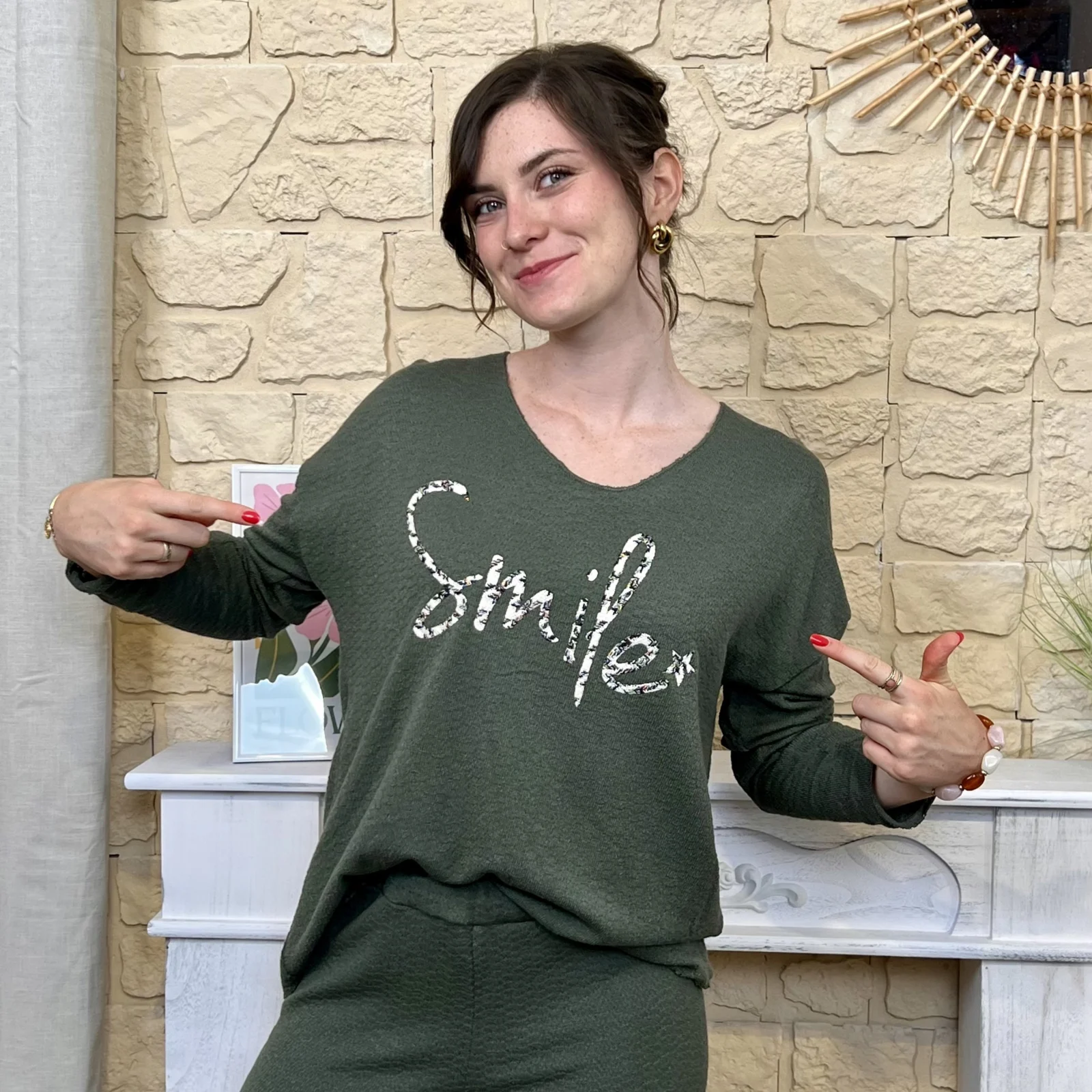 Pull oversize Smile femme « Tendance » - kaki - taille-unique