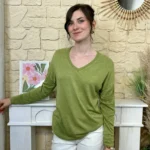 Pull léger femme col V maille fine « Tendance » - vert - taille-unique