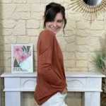 Pull léger femme col V maille fine « Tendance » - rouille - taille-unique