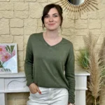 Pull léger femme col V maille fine « Tendance » - kaki - taille-unique