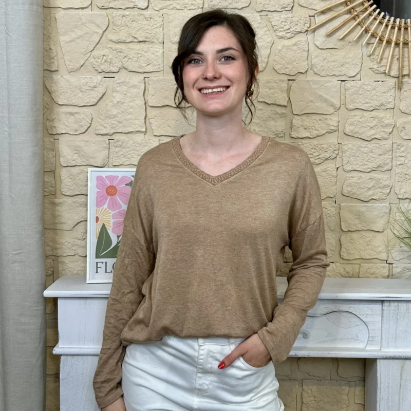 Pull léger femme col V maille fine « Tendance » - camel - taille-unique