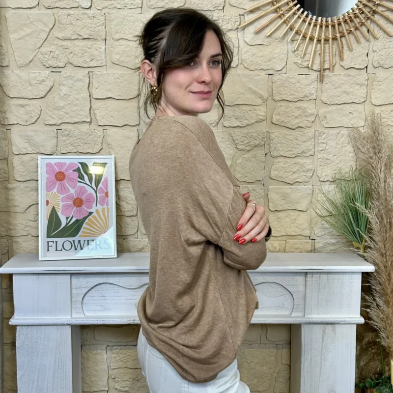 Pull léger femme col V maille fine « Tendance » - camel - taille-unique