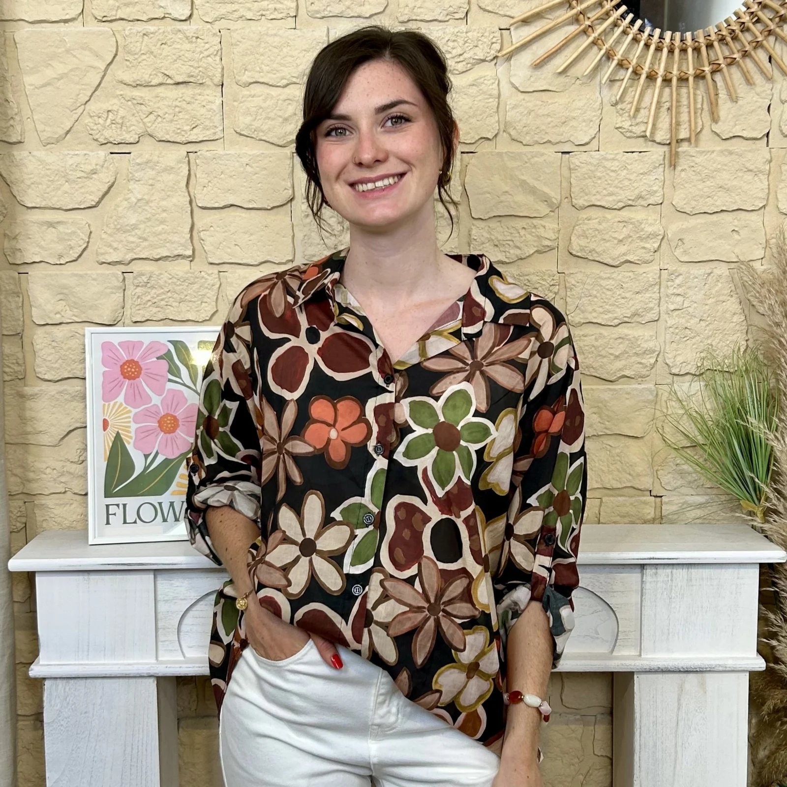 Chemise fleurie femme en voile léger « Tendance » - noir - taille-unique