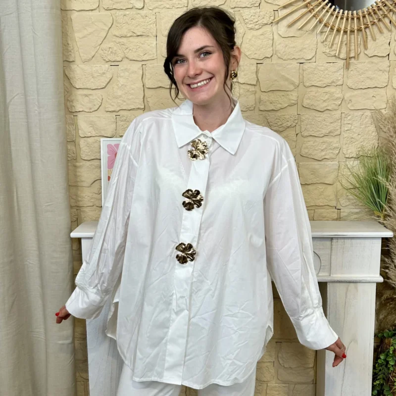 Chemise femme oversize boutons fleurs « Tendance » - blanc - taille-unique