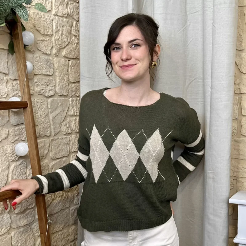Pull femme oversize à losanges - kaki - taille-unique