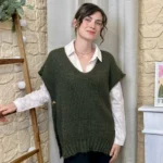 Pull femme maille sans manches à boutons « Tendance » - kaki - taille-unique