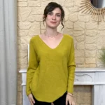 Pull maille col V manches longues - vert-anis - taille-unique