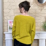 Pull maille col V manches longues - vert-anis - taille-unique