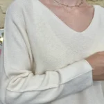 Pull maille col V manches longues - ecru - taille-unique