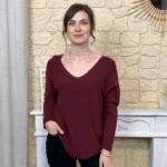 Pull maille col V manches longues - bordeaux - taille-unique