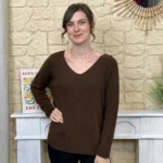 Pull maille col V manches longues - marron - taille-unique