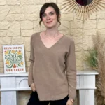 Pull maille col V manches longues - taupe - taille-unique