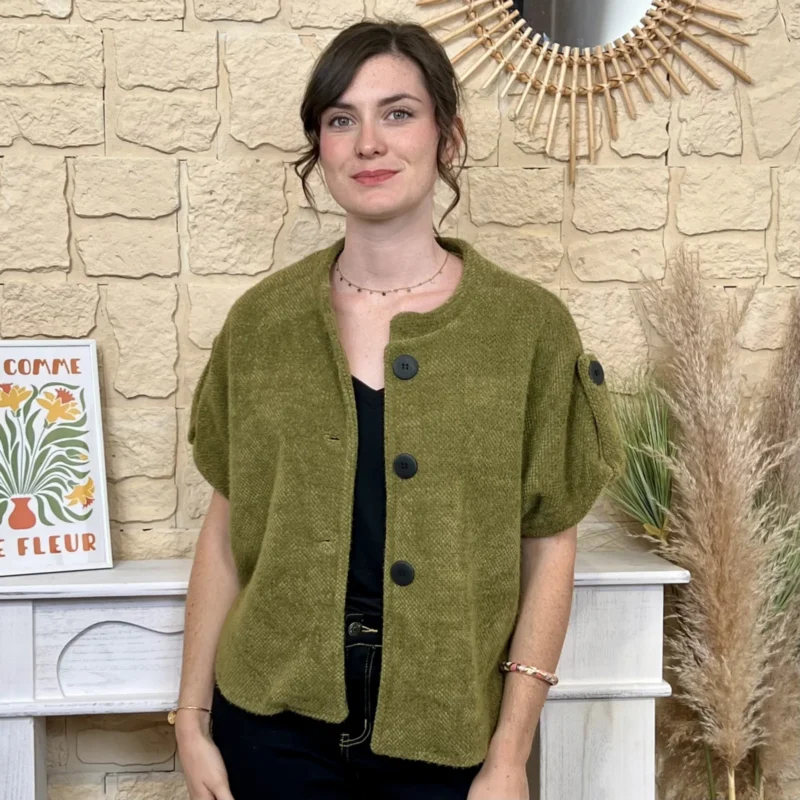 Pull-veste femme boutonné manches larges « Tendance » - vert-anis - taille-unique