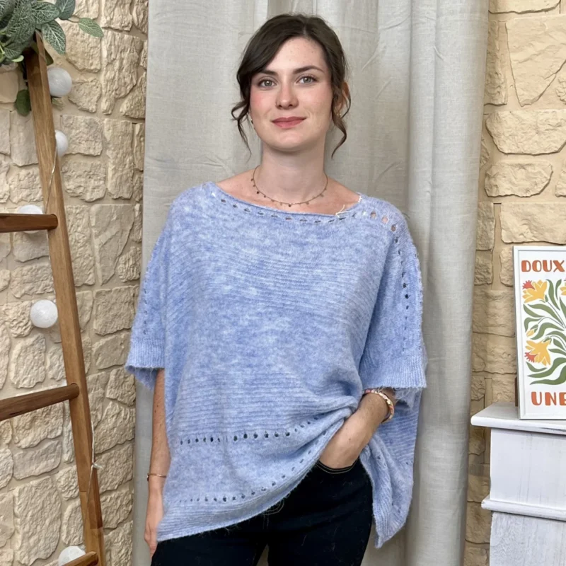 Pull effet poncho femme « Tendance » - bleu-ciel - taille-unique