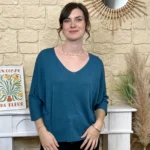 Pull femme maille fine col V « Tendance » - bleu-petrole - taille-unique