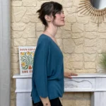 Pull femme maille fine col V « Tendance » - bleu-petrole - taille-unique