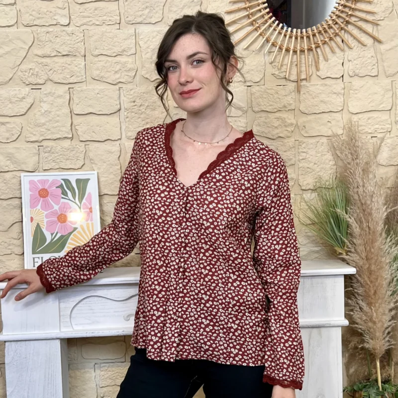 Chemisier fleuri col V femme MAËLLE - bordeaux - 38
