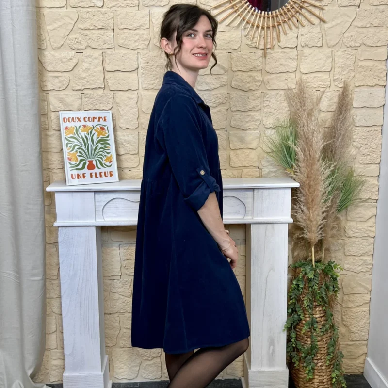 Robe velours évasée boutonnée - marine - taille-unique
