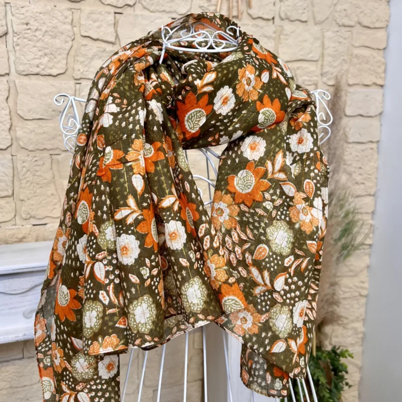 Foulard fleuri coton détails dorés femme