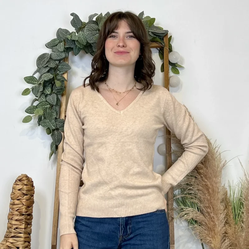 Pull épais col V femme VOGGO T36-T44 - beige - 44