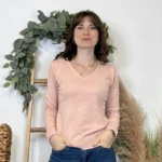 Pull épais col V femme VOGGO T36-T44 - rose-poudre - 44