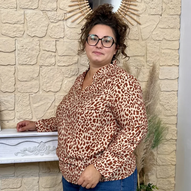 Blouse col victorien imprimé animalier CHRISTY T44-T52 - bordeaux-rouille - 52