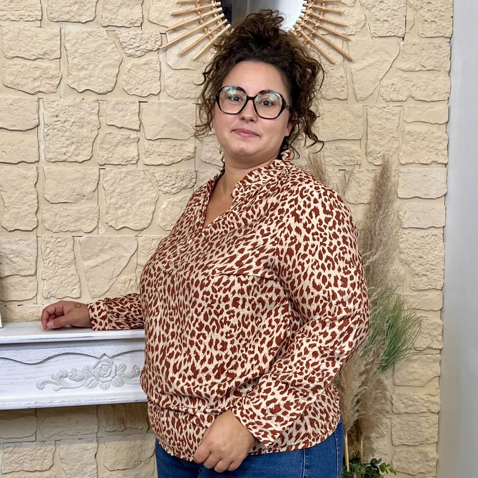 Blouse col victorien imprimé animalier CHRISTY T44-T52 - bordeaux-rouille - 52