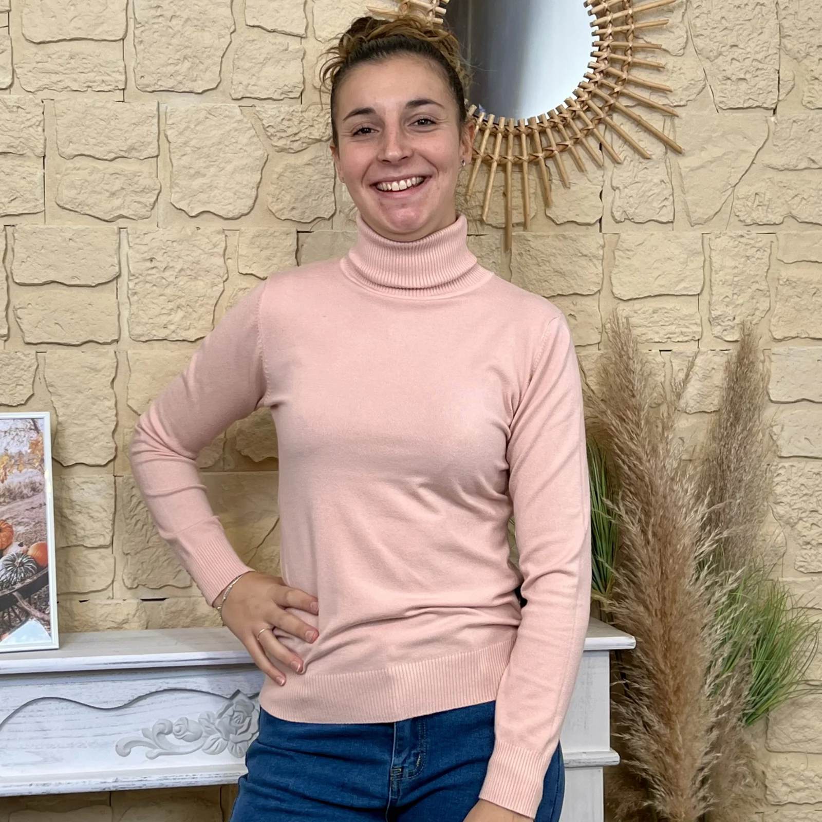 Pull col roulé fin femme VOGGO - rose-poudre - 44