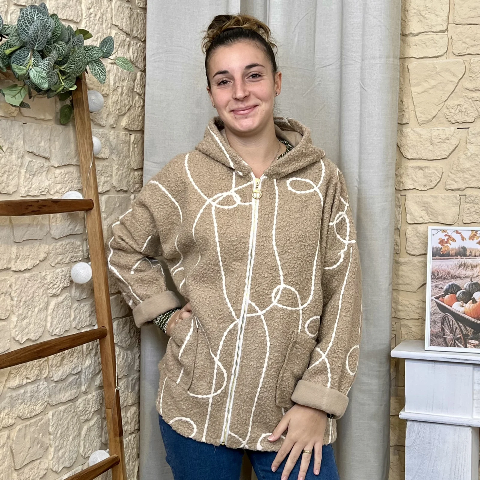 Manteau bouclette à capuche femme - camel - taille-unique